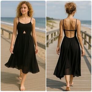 TIGANI LUX Handmade Cut Out Backless Black Midi Summer Dress Flowy Beachy Size M